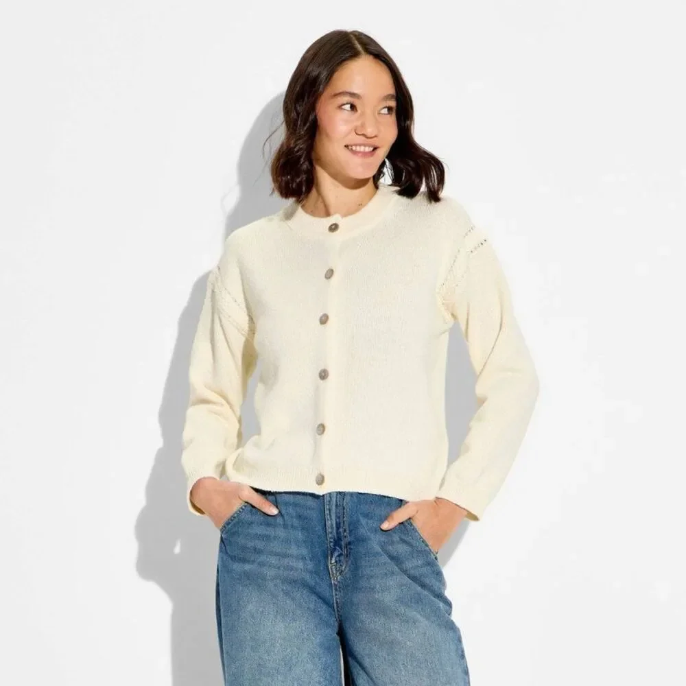Open Box - Wild Fable - Women's Crewneck Cable Trim Cardigan -  Off-White - Picture 2 of 3